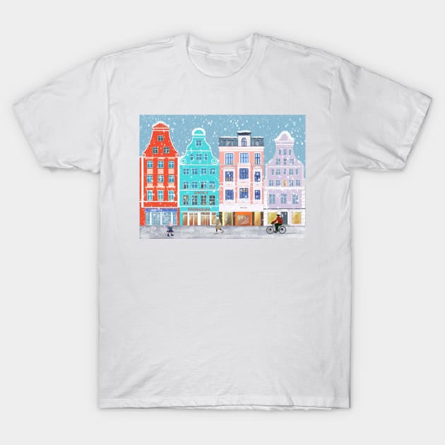 Winter City with Colorful Vintage Houses in the snow T-Shirt by Wolshebnaja